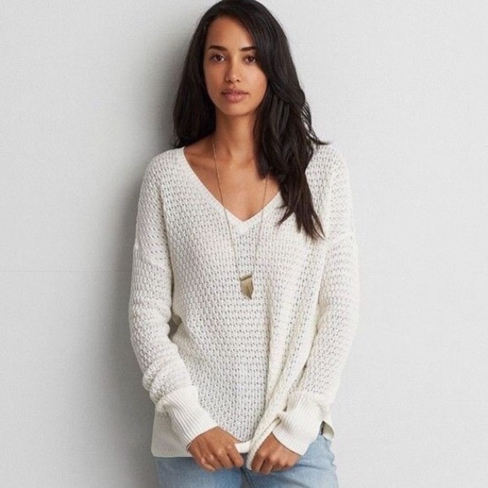 American Eagle white knit pullover crochet sweater 7258 size large